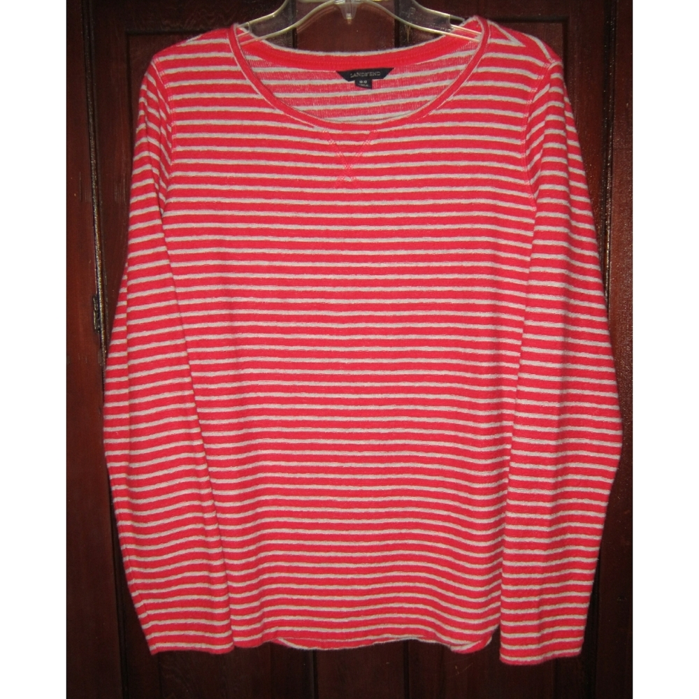 Lands' End M 10 12 Knit Top Sweater Shirt Striped Textured Cotton Orange Beige